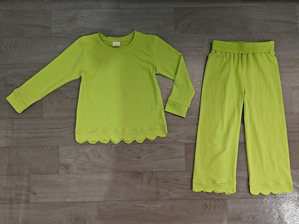 ( No moq ) Preorder Baby Girls Kids Long Sleeves Shirt Pants Set Pajamas Scallop Green Clothes
