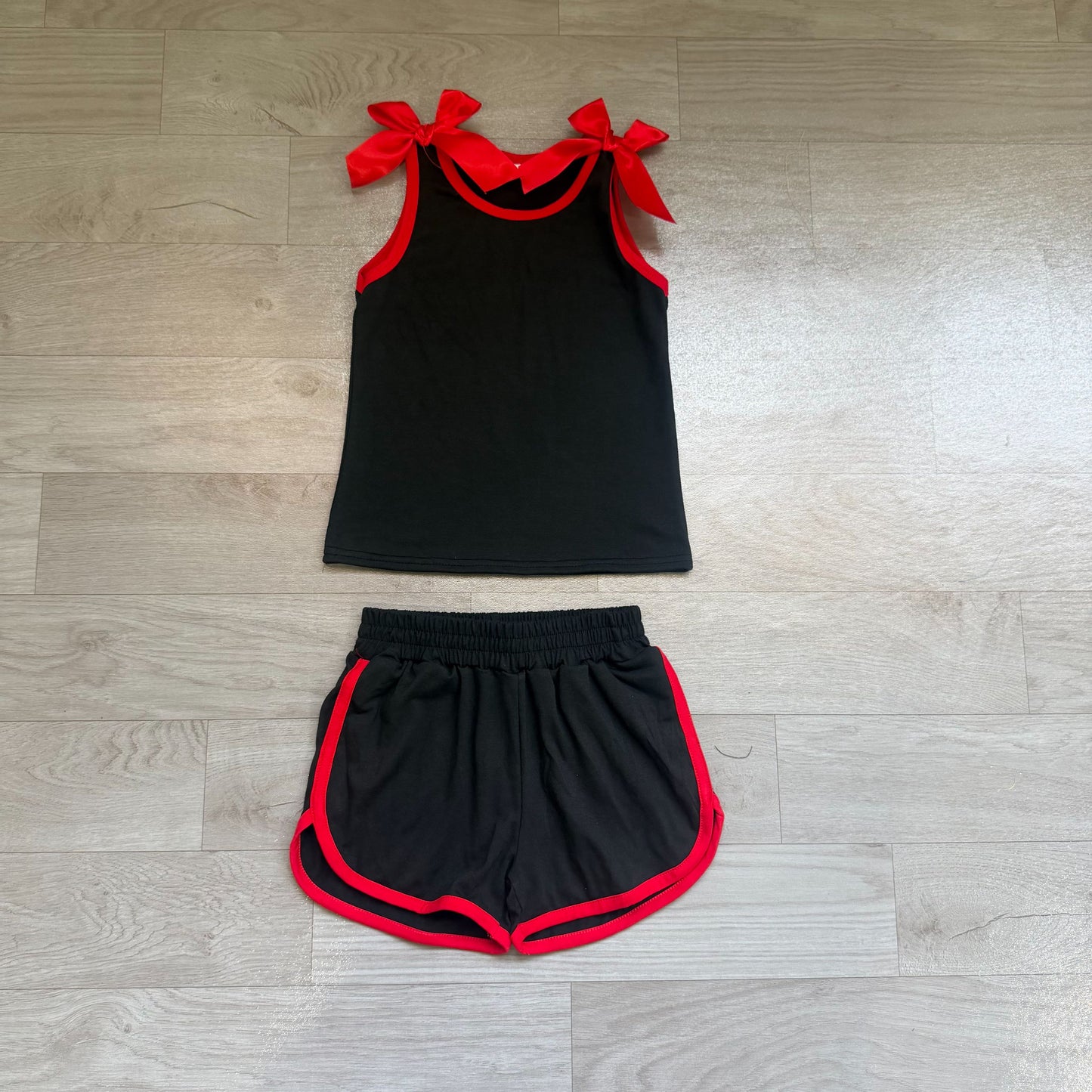 ( No moq ) Preorder Baby Girls Kids Red Bows Shirt Shorts Black Set Summer Clothes