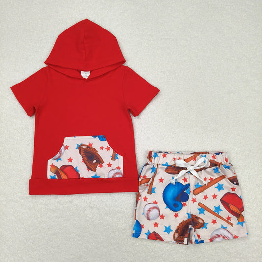Baby Boy Short Sleeves Hoodie Red Shirt Baseball Stars Pocket Shorts Set