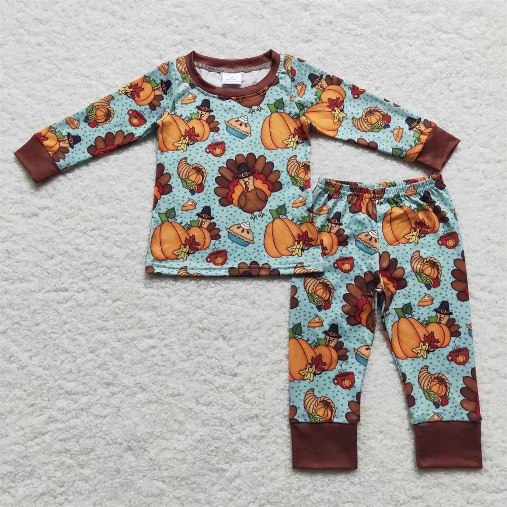 GLP0684 Baby Girl Long Sleeves turkey Pumpkin Pie Pants Thanksgiving Pajamas Outfit