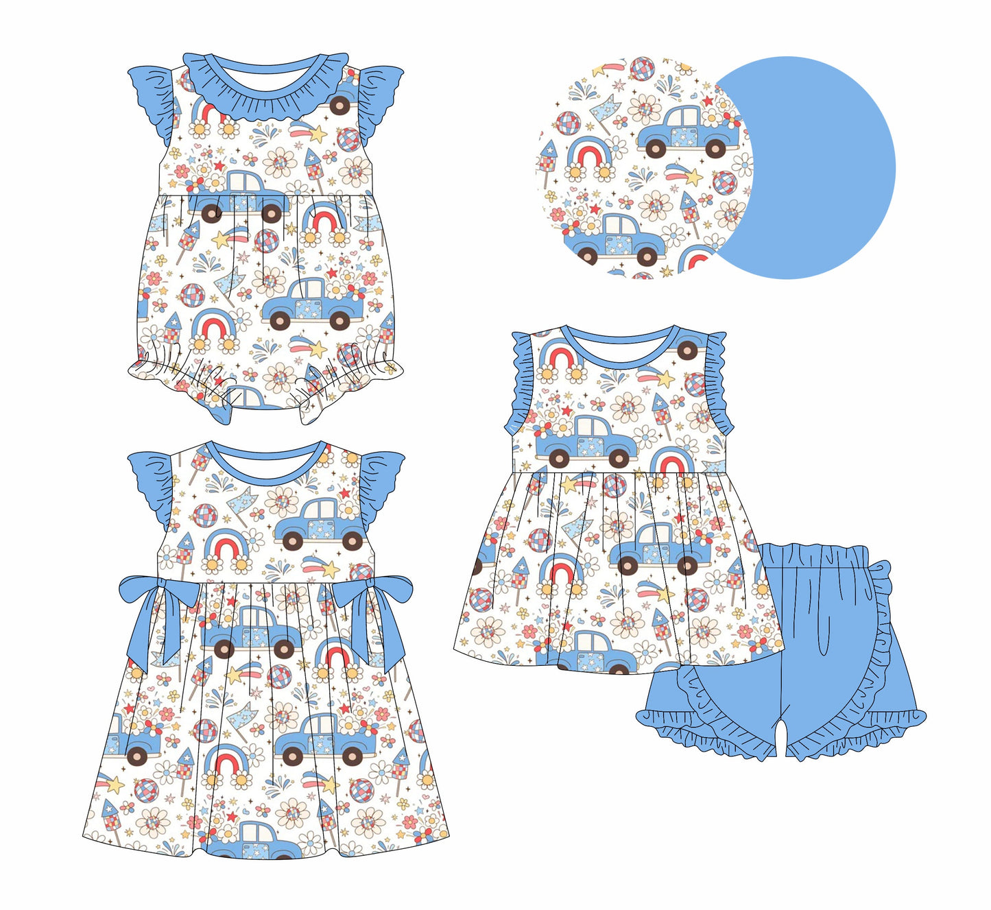 Baby Girl July 4th Car Flower Blue Sibling Dress Romper Set ( Moq 5 Each Style ) 1.4