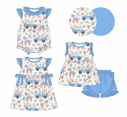 Baby Girl July 4th Car Flower Blue Sibling Dress Romper Set ( Moq 5 Each Style ) 1.4