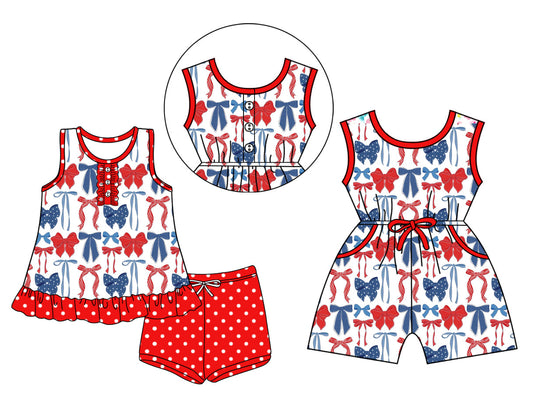 Baby Girl Sleeveless 4th Of July Bows Buttons Sibling Jumpsuit Set ( Moq 5 Each Style ) 3.15