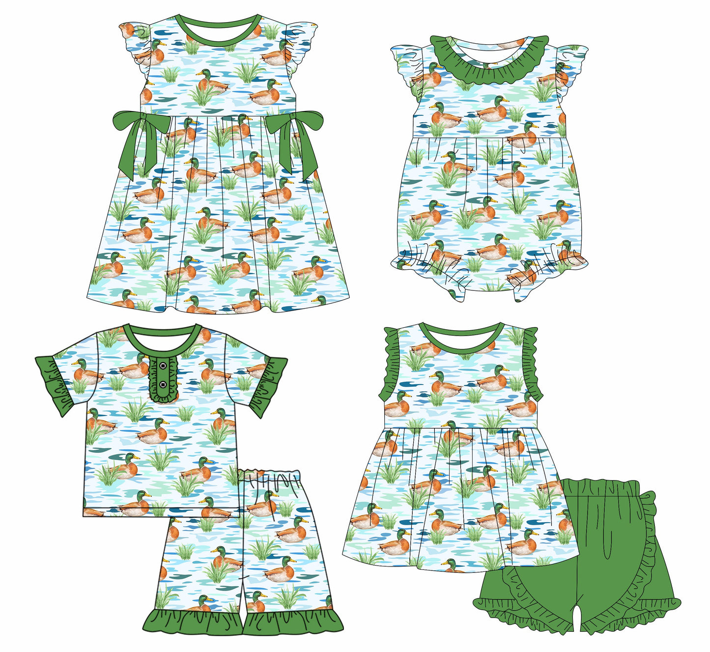 Baby Girl Ducks Green Bows Sibling Romper Dress Set ( Moq 5 Each Style ) 1.13
