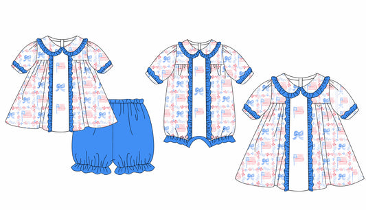 Baby Girl July 4th Bows Flag Sibling Romper Dress Clothes Set ( Moq 5 Each Design )11.25