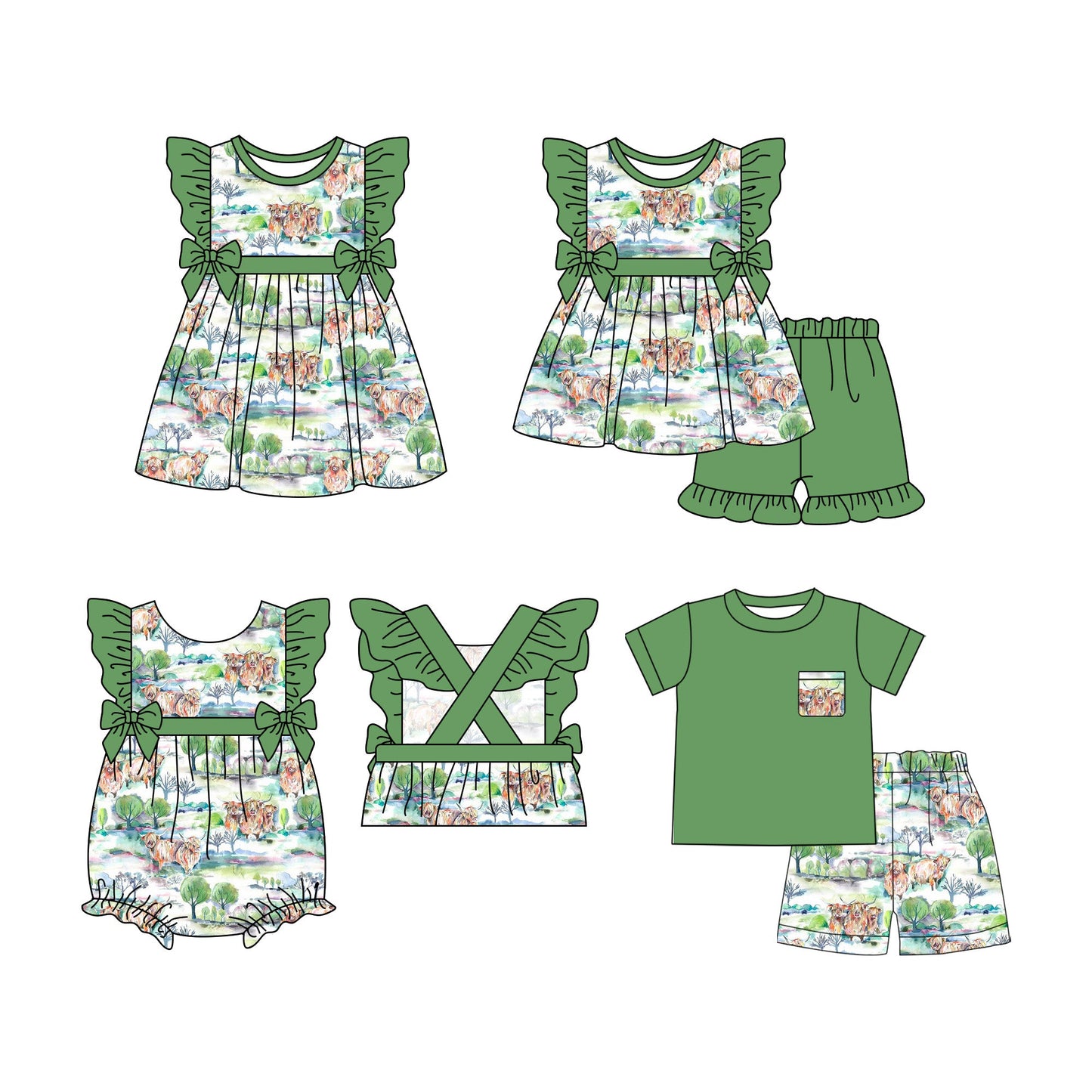 ( Moq 5 Each Style ) Baby Girl Short Sleeves Cow Green Bows Sibling Romper Dress Set 3.27