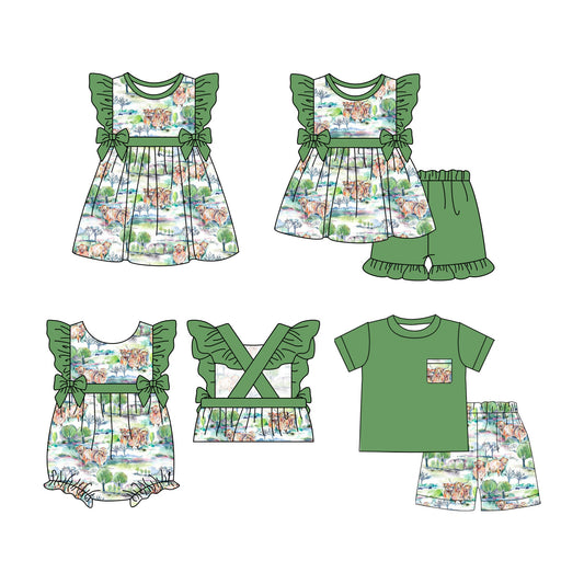 ( Moq 5 Each Style ) Baby Girl Short Sleeves Cow Green Bows Sibling Romper Dress Set 3.27
