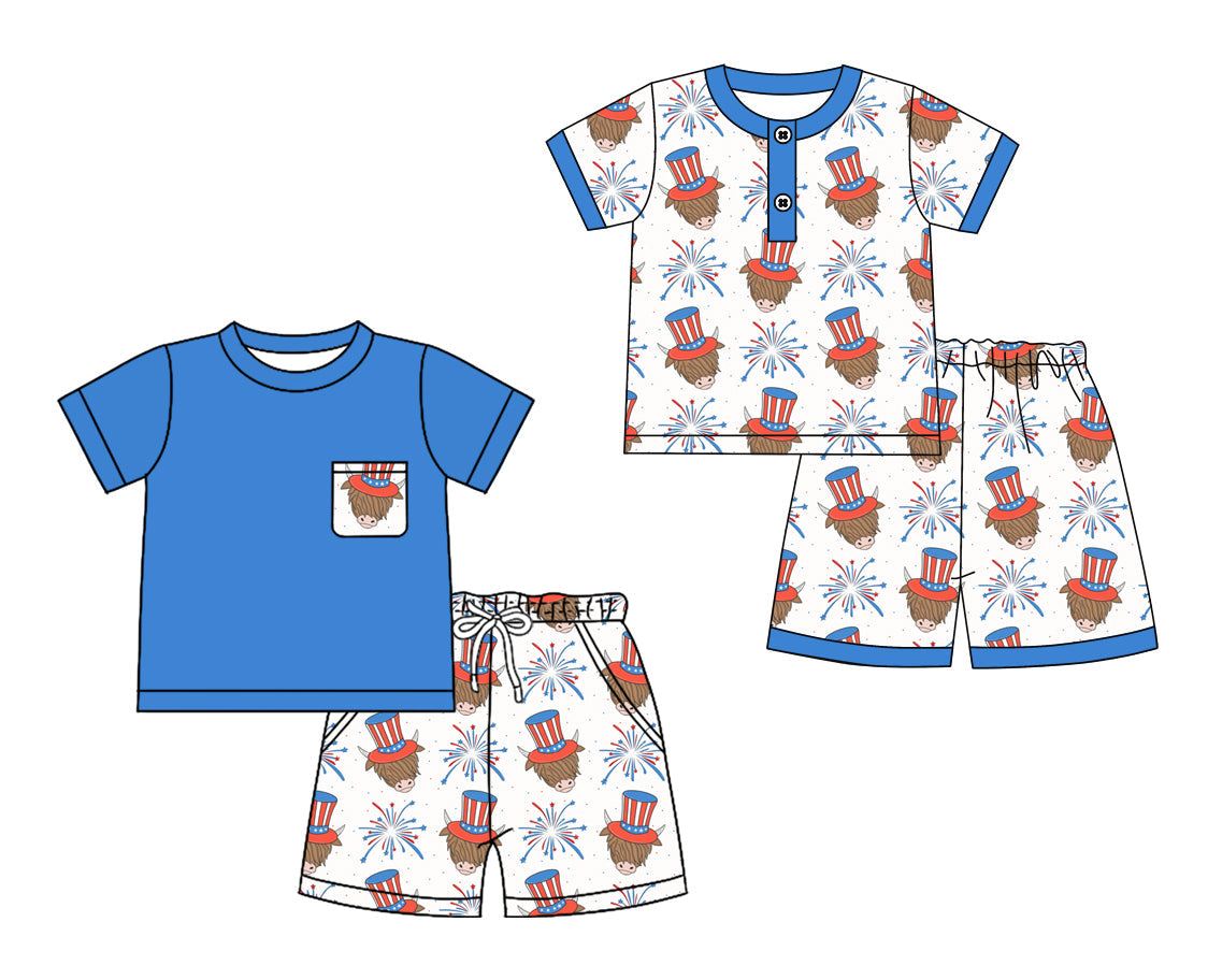 Baby Boy Girl Short Sleeves July 4th Cow Blue Sibling Set ( Moq 5 Each Style ) 12.19