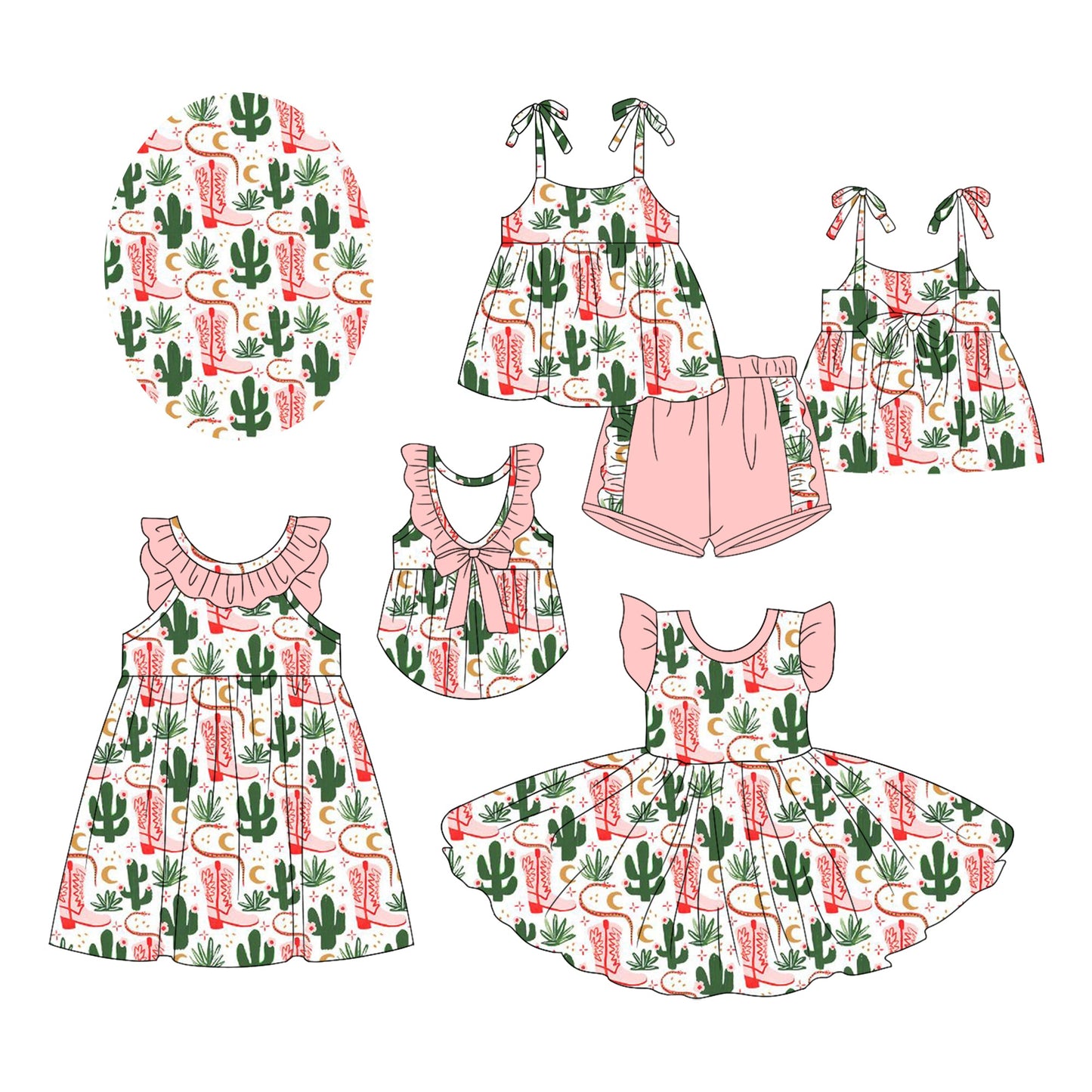 Baby Girl Western Boots Cactus Sibling Dress Set ( Moq 5 Each Style ) 2.17