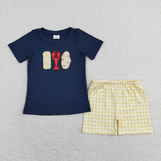 BSSO0418 Baby Boy Embroidery Crawfish Shirt Yellow Plaid Shorts Set