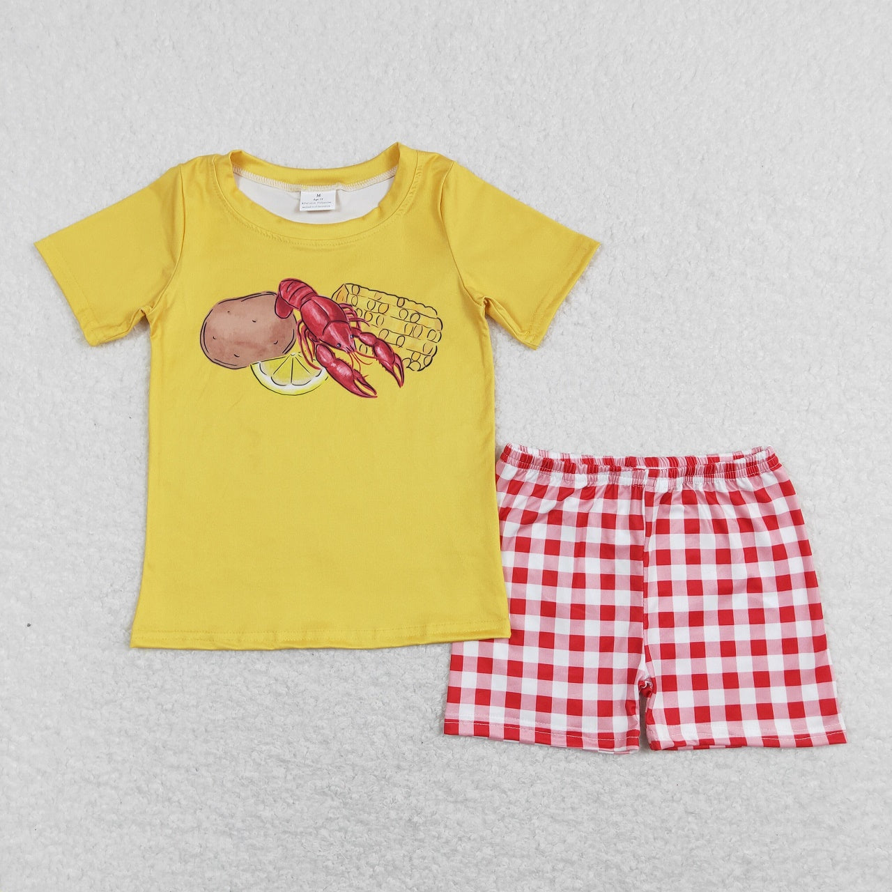 BSSO0438 Baby Boy Short Sleeves Potato Crawfish Corn Shirt Red Plaid Shorts Set