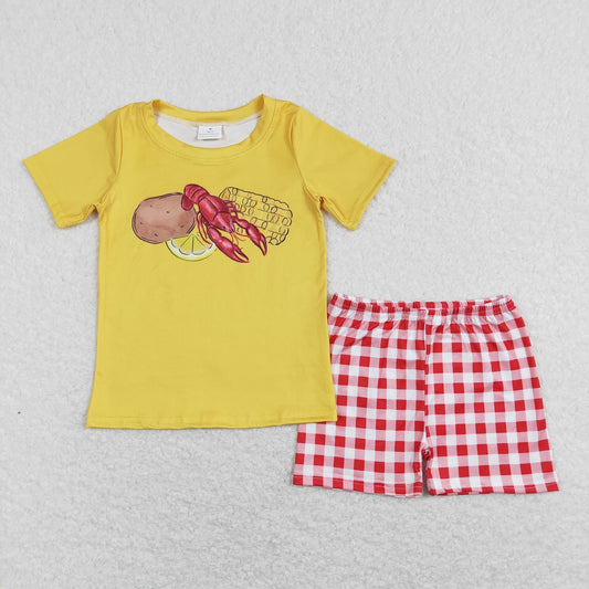BSSO0438 Baby Boy Short Sleeves Potato Crawfish Corn Shirt Red Plaid Shorts Set