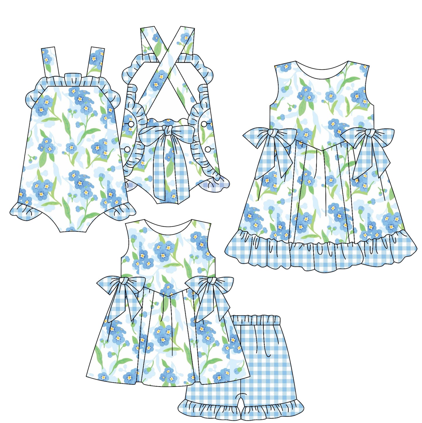 Baby Girl Blue Checked Flower Sibling Romper Dress Set ( Moq 5 Each Style ) 2.15