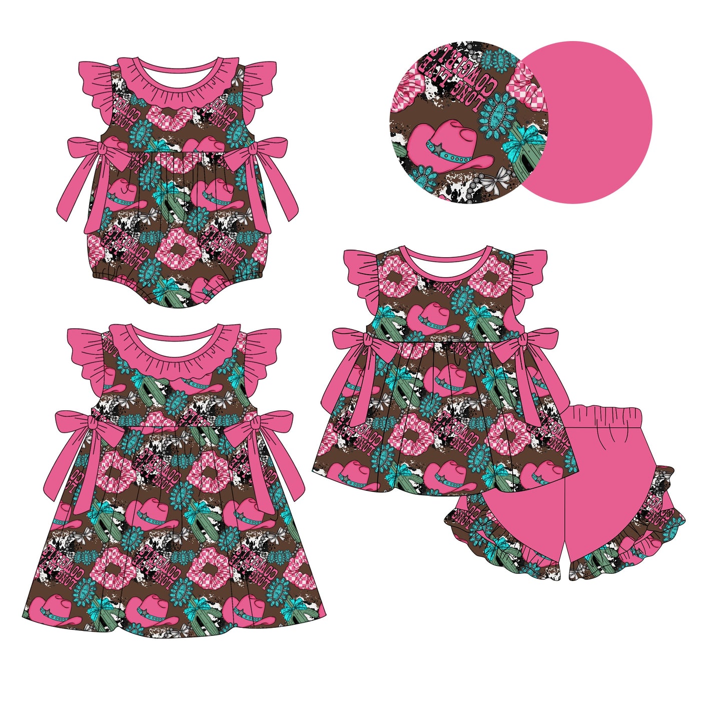 Baby Girl Western Hats Sibling Romper Dress Set ( Moq 5 Each Style ) 1.9