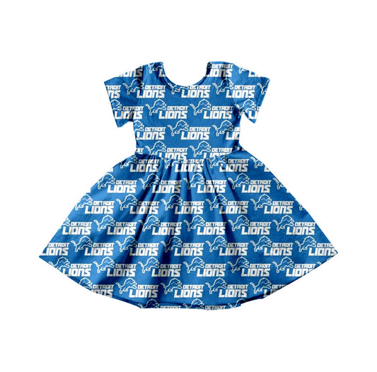 Baby Girl Short Sleeves Team Football Knee Length Lion Dress Moq 5