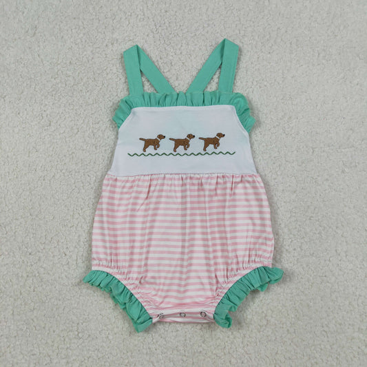 Baby Girls Infant Straps Embroidery Dogs Stripes Ruffle Bubble Romper RTS