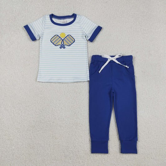 Baby Boys Stripes Short Sleeves Embroidery Table Tennis Shirt Pockets Pants Blue Set RTS
