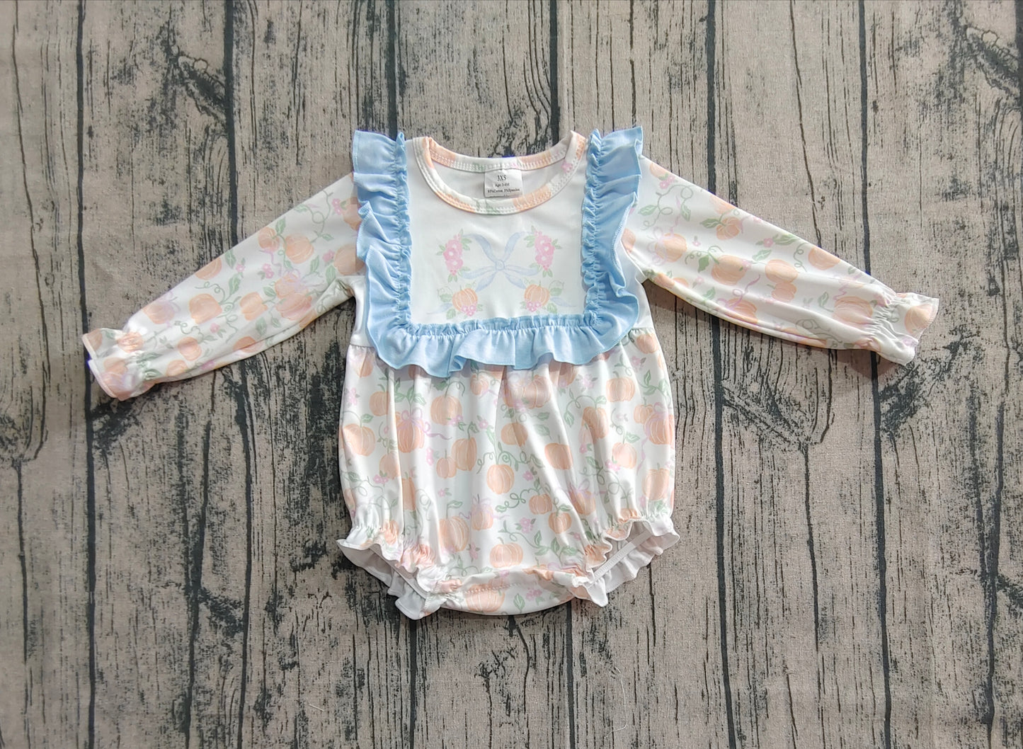 Baby Girl Long Sleeves Pumpkin Bows Flower Blue Ruffle Bubble Romper RTS