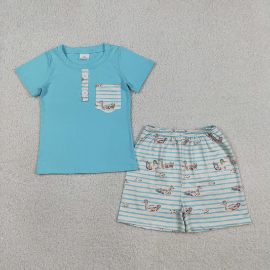 Baby Boys Short Sleeves Pocket Buttons Shirt Ducks Stripes Shorts Summer Clothes Set RTS
