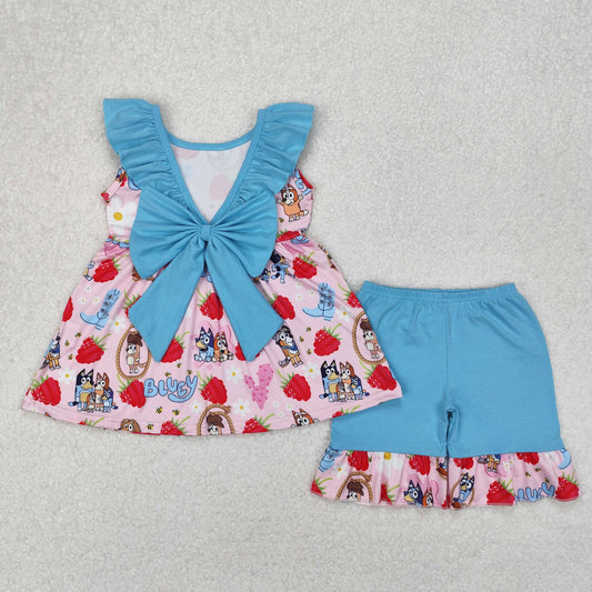 Baby Girl Dogs Strawberry Flower Cactus Blue Bow Tunic Ruffle Shorts Set RTS