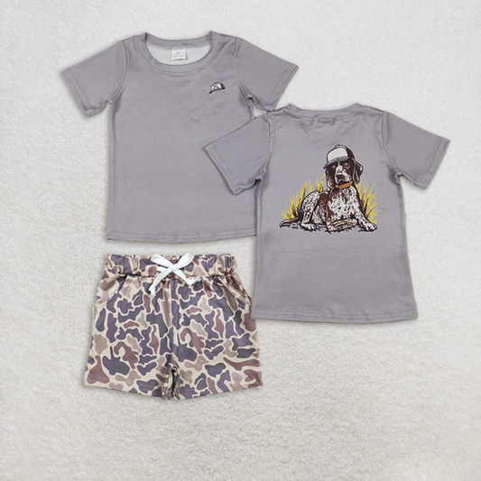 Baby Boy Grey Short Sleeves Dog Shirt Camo Pockets Shorts Set RTS