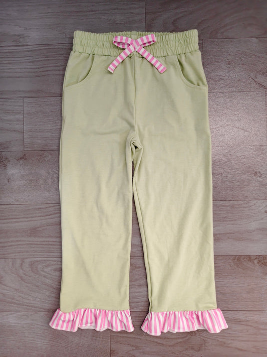 ( No moq ) Baby Girls Kids Pockets Bows Pants Bottoms Light Green Clothes