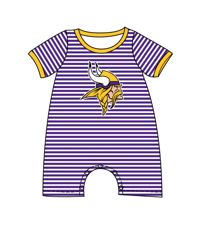 ( Moq 5 ) Baby Boys Kids Short Sleeves Purple Stripes Team Romper