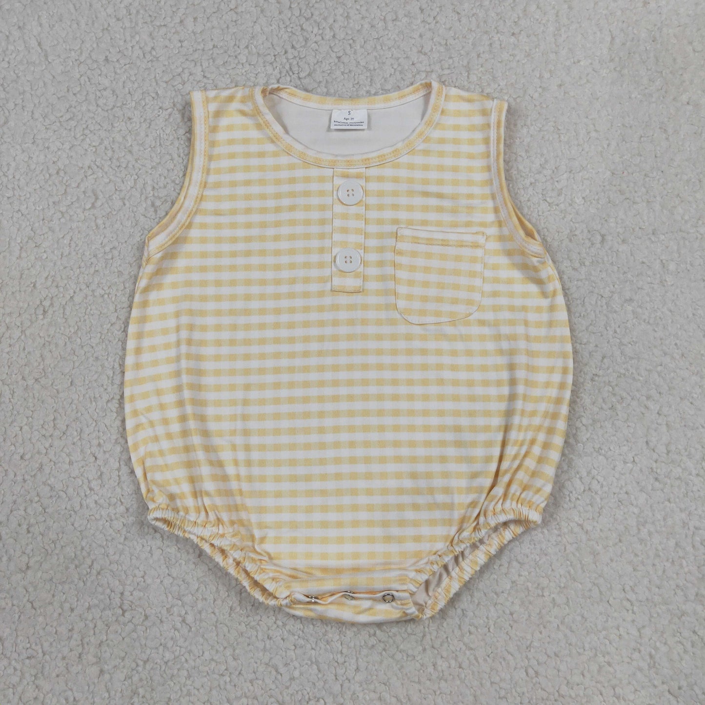 Baby Boy Infant Sleeveless Yellow Plaid Pocket Summer Bubble Romper RTS