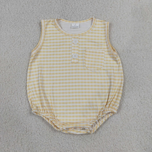 Baby Boy Infant Sleeveless Yellow Plaid Pocket Summer Bubble Romper RTS