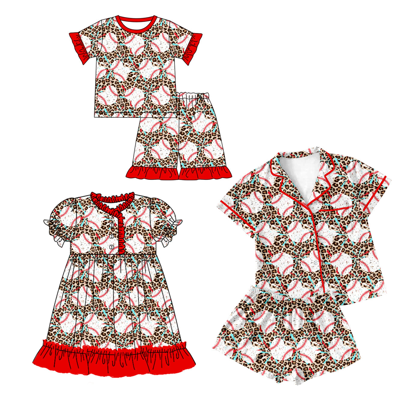 Baby Girl Adult Women Short Sleeves Baseball Leopard Sibling Dress Pajamas Set ( Moq 5 Each Design ) 12.11