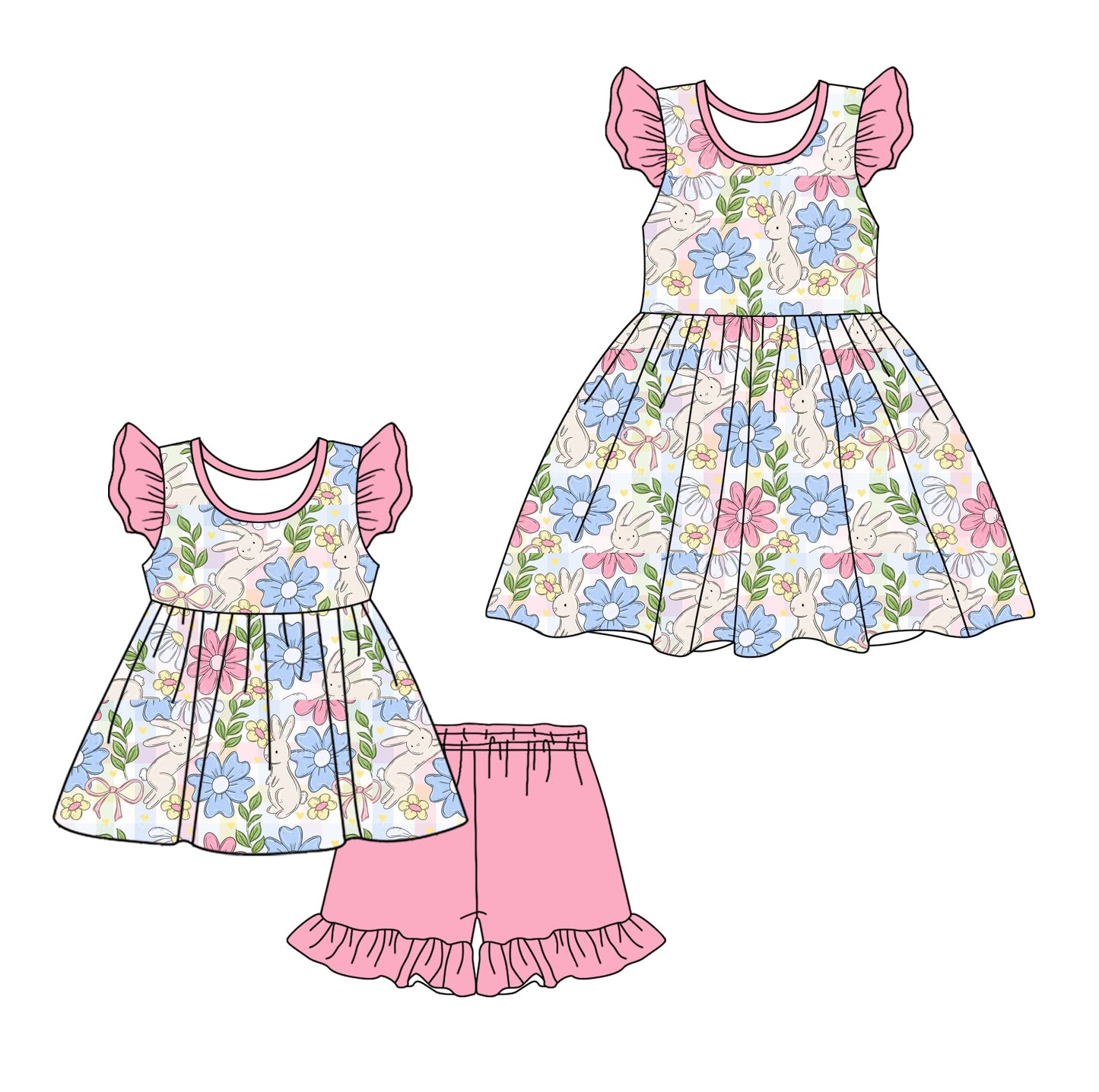 Baby Girl Short Sleeves Easter Rabbits Flower Sibling Dress Set ( Moq 5 Each Design ) 12.13
