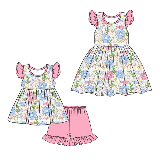 Baby Girl Short Sleeves Easter Rabbits Flower Sibling Dress Set ( Moq 5 Each Design ) 12.13