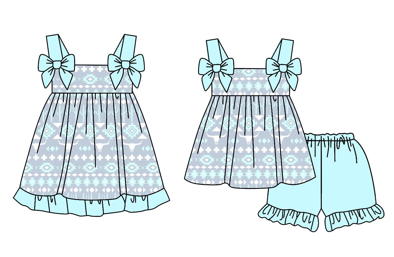 Baby Girl Straps Bows Western Aztec Sibling Dress Set ( Moq 5 Each Style ) 3.21