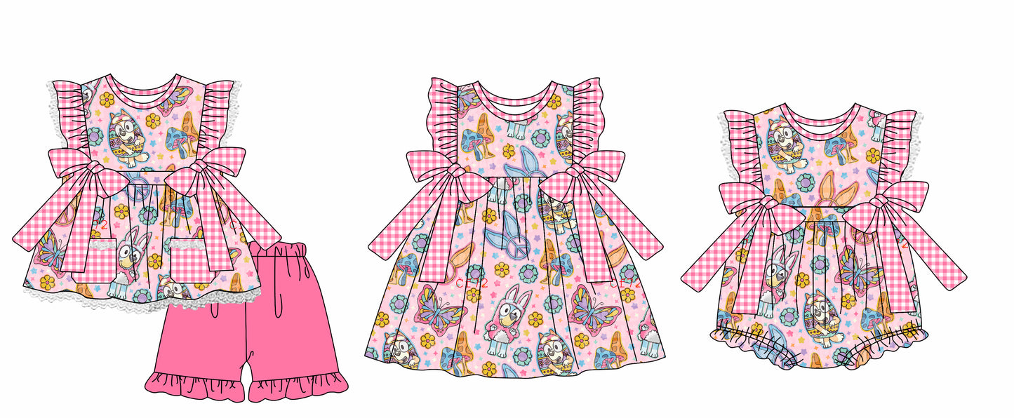 Baby Girl Short Sleeves Easter Dogs Rabbits Sibling Romper Dress Clothes Set ( Moq 5 Each Design )12.3