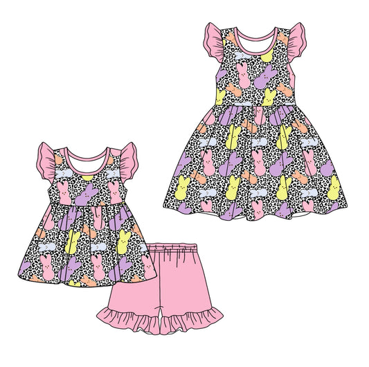 Baby Girl Short Sleeves Easter Rabbits Leopard Sibling Dress Set ( Moq 5 Each Design ) 12.16