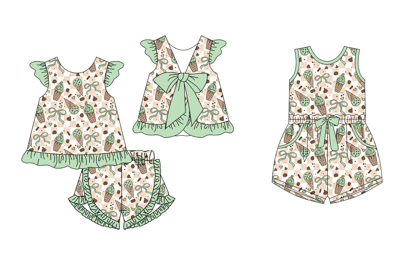 ( Moq 5 Each Style ) Baby Girl Sleeveless Green Bows Ice Cream Sibling Jumpsuit Set 4.19