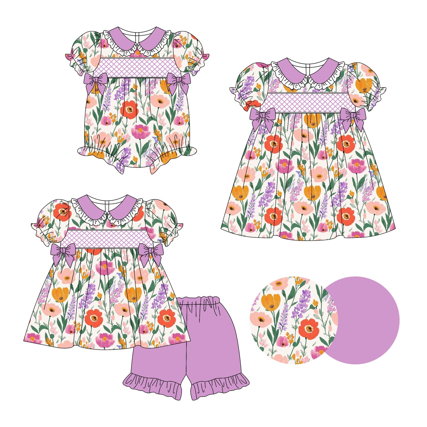 Baby Girl Short Sleeves Flower Purple Bows Sibling Romper Dress Set ( Moq 5 Each Style ) 3.14