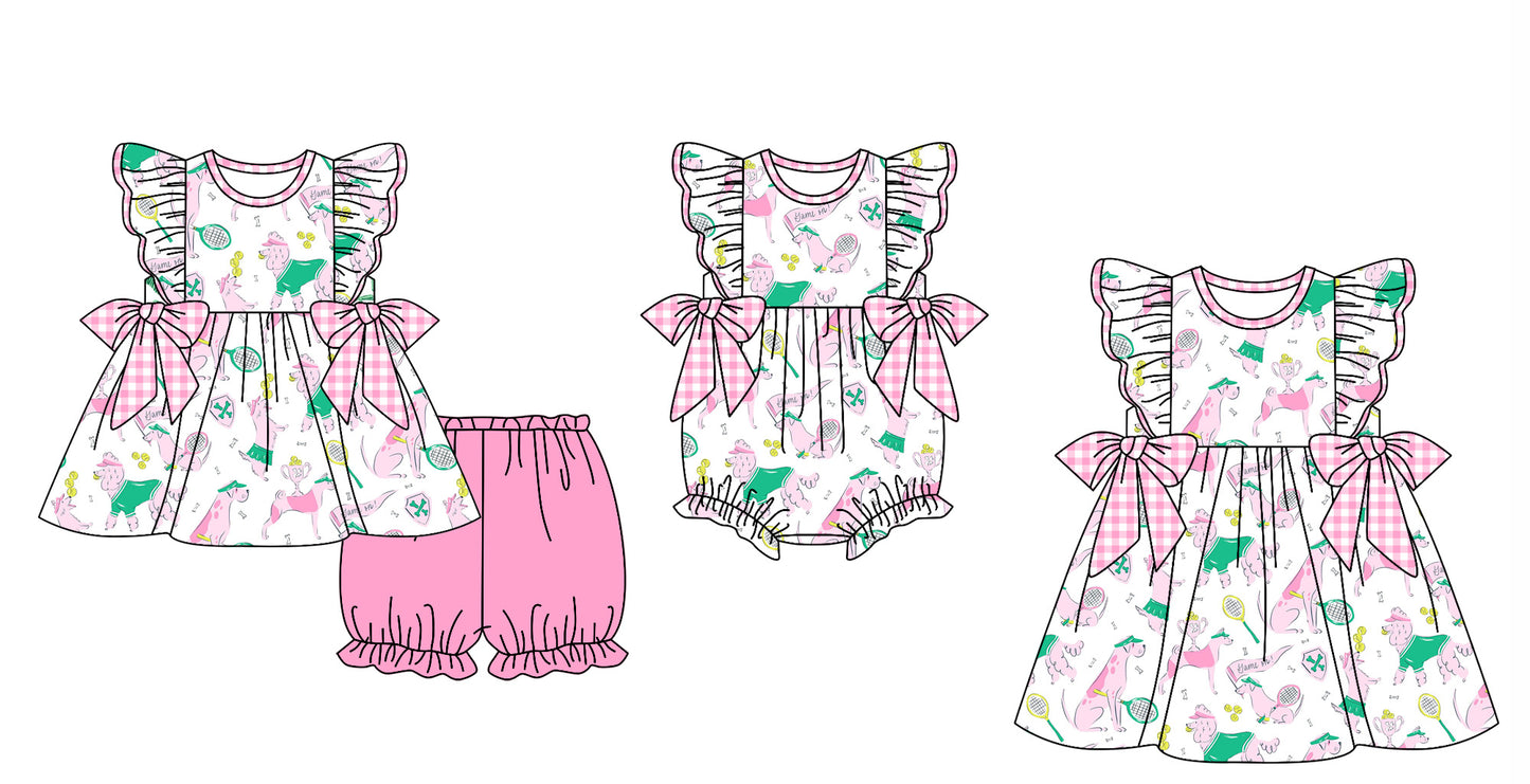 Baby Girl Short Sleeves Softball Dogs Sibling Romper Dress Clothes Set ( Moq 5 Each Design ) 11.27