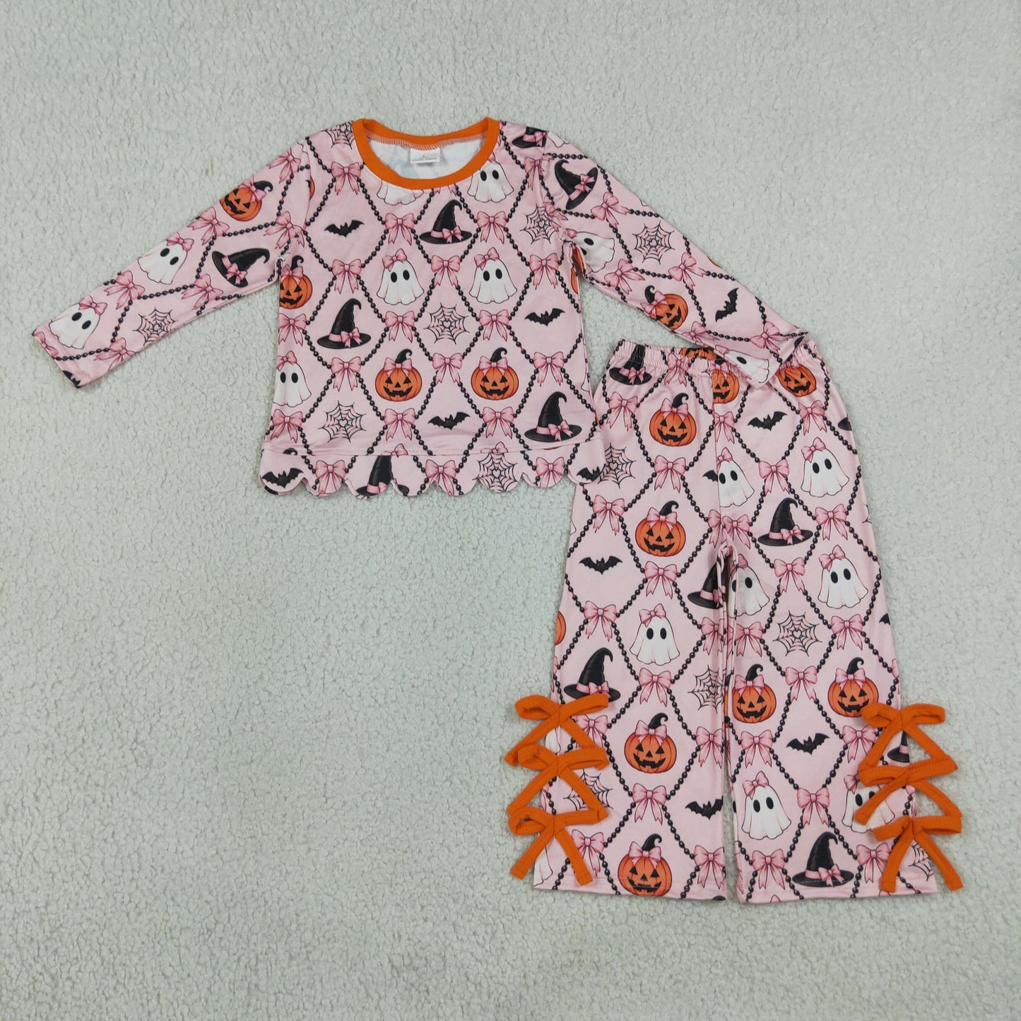 Baby Girls Kids Halloween Ghosts Pumpkins Bows Scallop Shirt Pants Set Clothes RTS