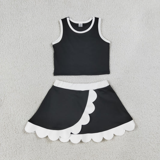 Baby Girls Kids Black Tops Scallop Skirt Shorts Yoga Active Set Clothes RTS