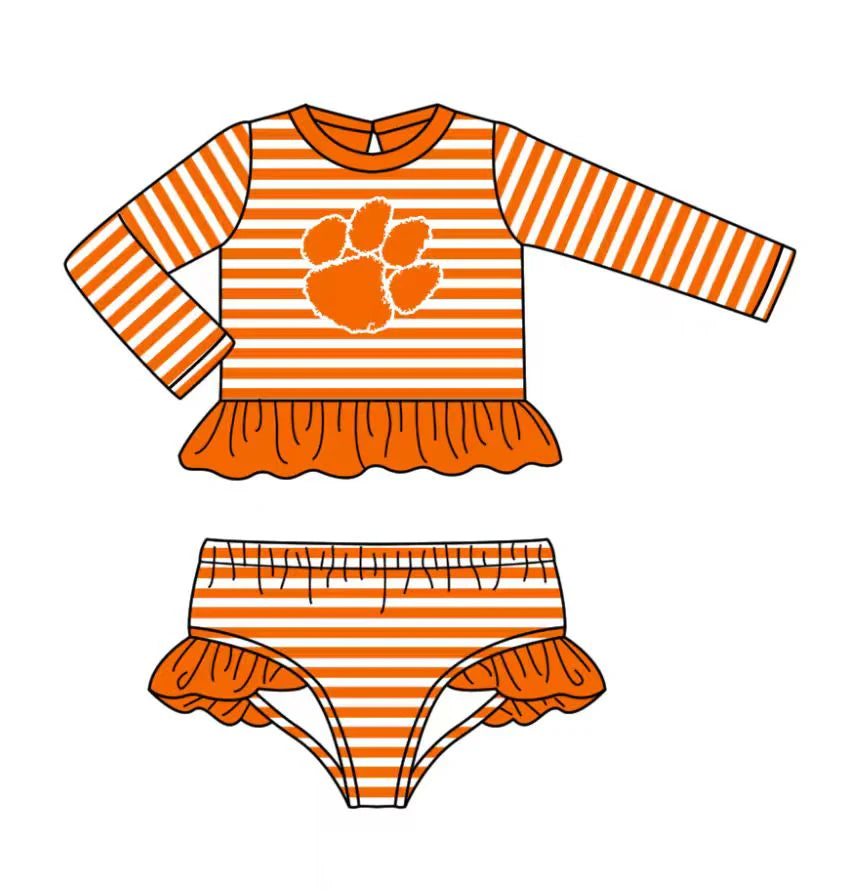 ( Moq 5 ) Baby Girls Long Sleeves Orange Ruffle Tops Stripes Shorts Team Set Swimsuit