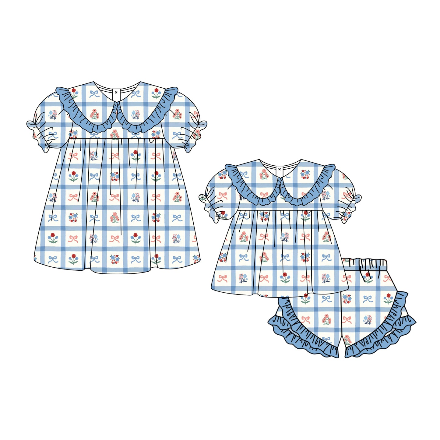 ( Moq 5 Each Style ) Baby Girls Kids Short Sleeves Flower Bows Sibling Summer Dress Set