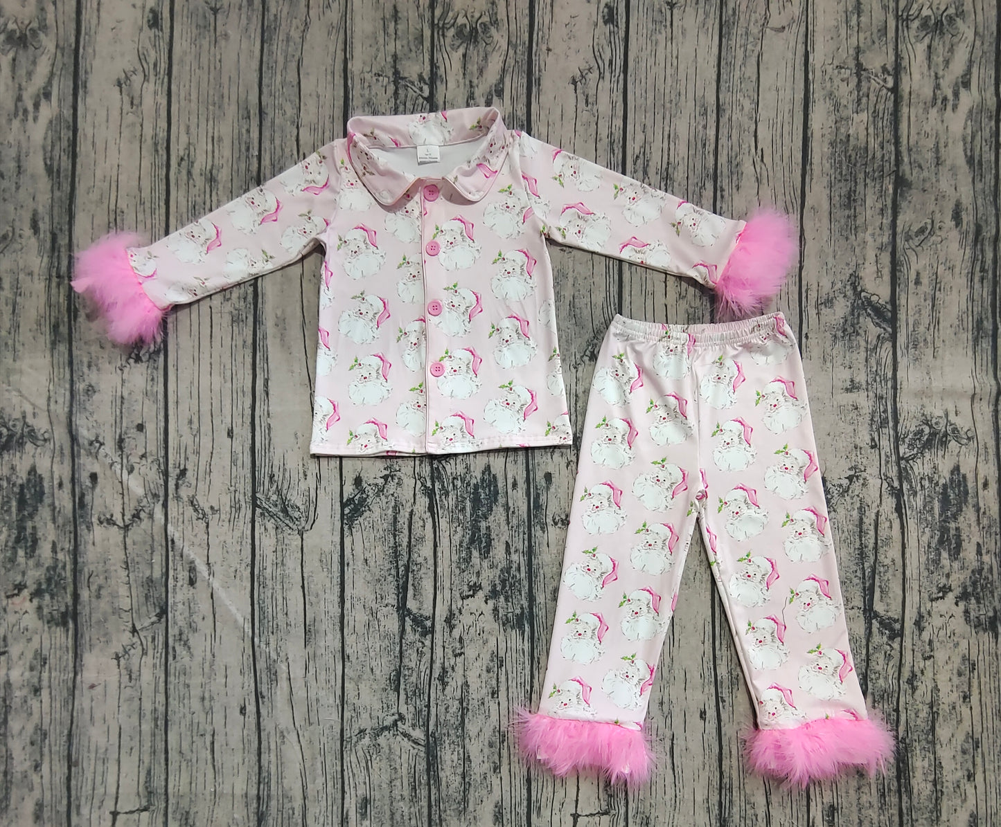 Baby Girl Pink Fur Long Sleeves Santa Buttons Shirt Pants Pajamas Christmas Set RTS