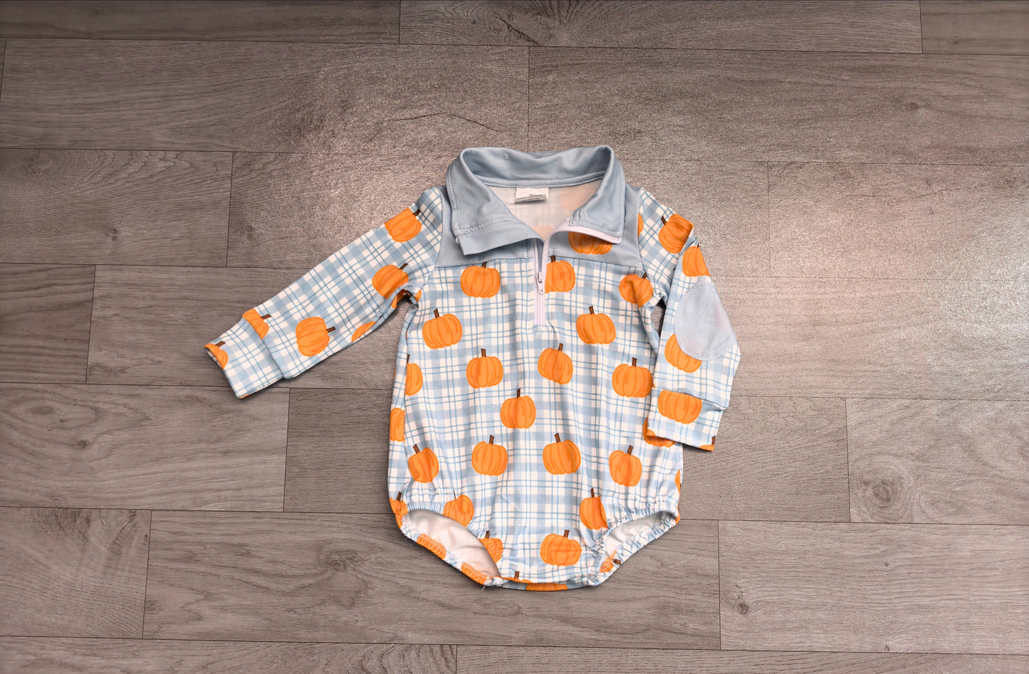 ( No moq ) Preorder Baby Boys Kids Pumpkins Blue Plaid Zipper Bubble Romper Fall Clothes
