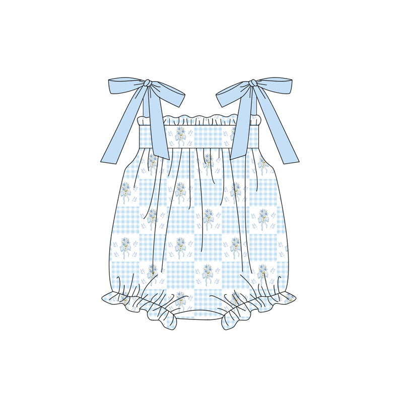 ( Moq 5 ) Preorder Baby Girls Infant Flower Bows Blue Plaid Ruffle Bubble Romper