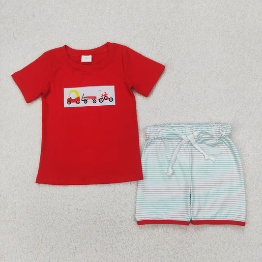 Baby Boy Short Sleeves Embroidery Trucks Red Shirt Stripes Shorts Set RTS