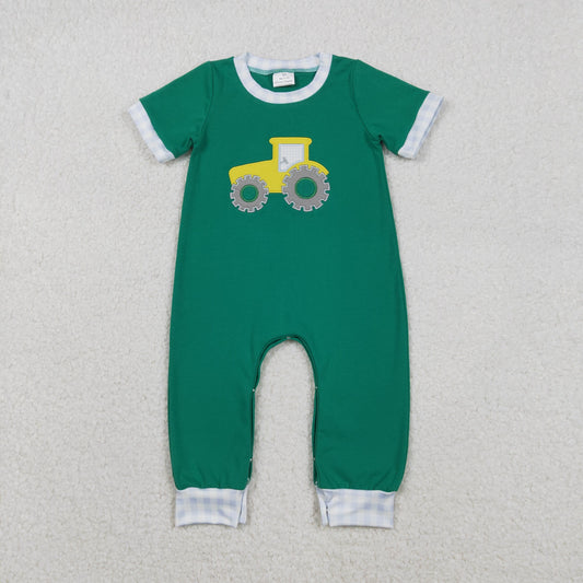 Baby Boys Short Sleeves Embroidery Tractor Farm Green Buttons Romper RTS