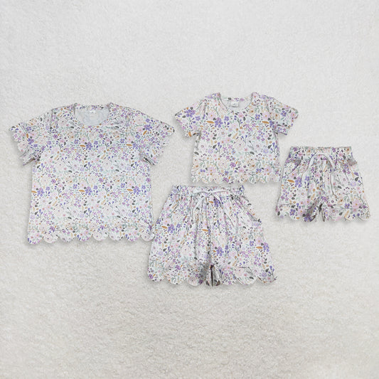 Sibling Baby Girls Adult Women Short Sleeves Purple Flower Shirts Shorts Scallop Sets Summer Clothes RTS