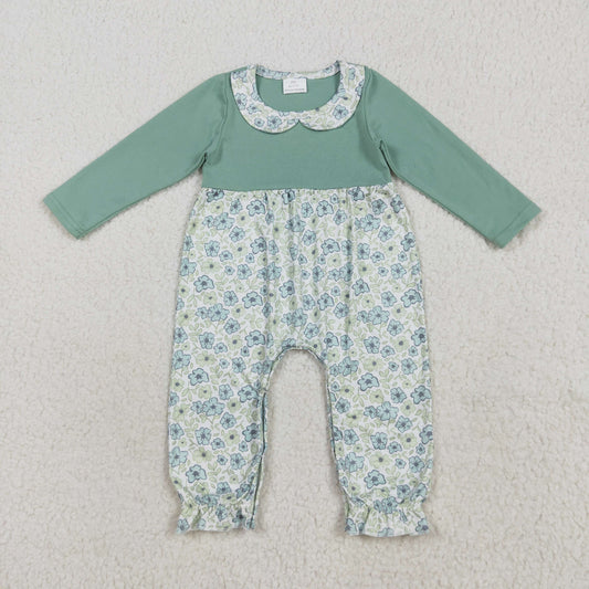 Baby Girl Green Long Sleeves Floral Ruffle Buttons Romper RTS