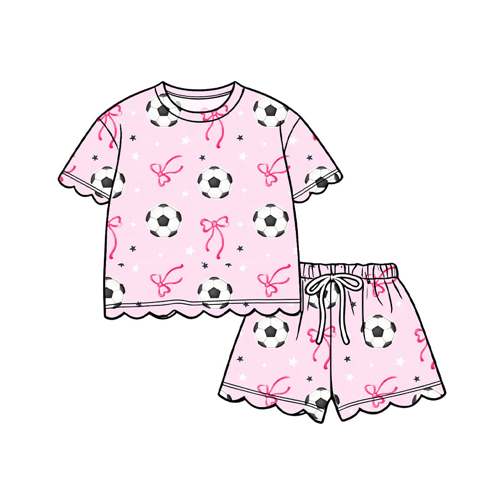 ( Moq 5 ) Preorder Baby Girls Kids Short Sleeves Soccer Bows Shirt Scallop Shorts Pink Set Clothes